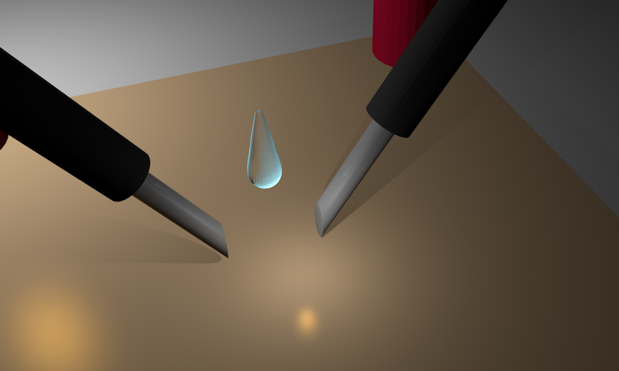 Illustration of two electrodes positioned over an insulating specimen while an electrolyte drop is applied